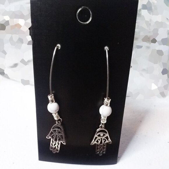 Positivity + Prosperity + Blessings! Hamsa ~ Hand of Fatima ~ Howlite Earrings - Picture 5 of 7